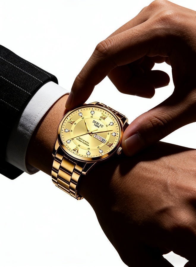 ديبلفي ساعة ذهبية للرجال,ساعة يد للرجال، ساعة رجالية عصرية للأعمال مزودة بعقارب مضيئة، ساعة يد من الفولاذ المقاوم للصدأ، ساعة كوارتز مع عرض اليوم والتاريخ، باللون الذهبي - Image 5